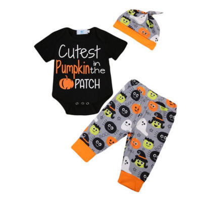 

US Newborn Baby Boy Clothes Pumpkin Halloween Bodysuit RomperPantsHat 3PCS Set