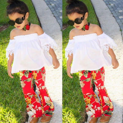 

Flower Kids Baby Girl Lace Short Sleeve Top Bell-bottom Pants Clothes Outfit Set