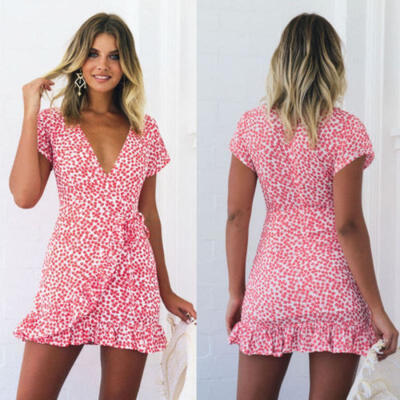 

Women Summer Casual Floral Wrap Dress Tie Waist Short Sleeve Bodycon Mini Dress