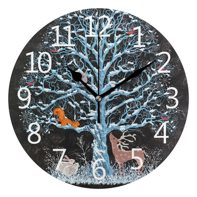 

Wall Clock Arabic Numerals Design Blue Tree With Deer Round