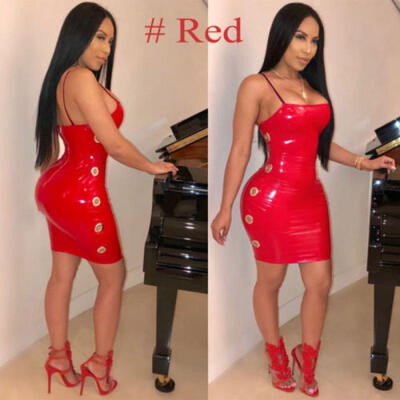 Women Sexy Spaghetti Strap Eyelets Party Bodycon Ladies Short Mini PU Club Dress