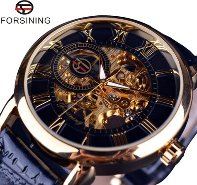 

Forsining Men Watches Top Brand Luxury Mechanical Skeleton Watch Black Golden 3D Literal Design Roman Number Black Dial Designer