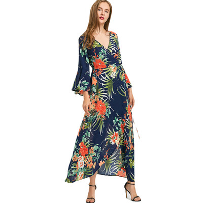 

Tropical Leaf Bell Sleeve Wrap Maxi Dress
