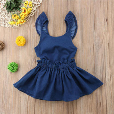 

2Pcs Infant Baby Girls Backless Rompers Jumpsuit Strap Denim Skirt Outfits Set