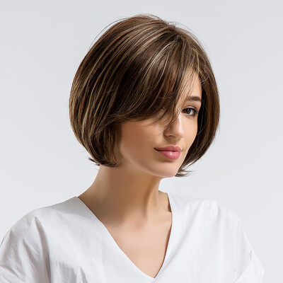 

BLONDE UNICORN 8 Inch Bob Hair Style With Side Bangs Brown Color with Highlights Natural Human HairSynthetic Blend Wigs