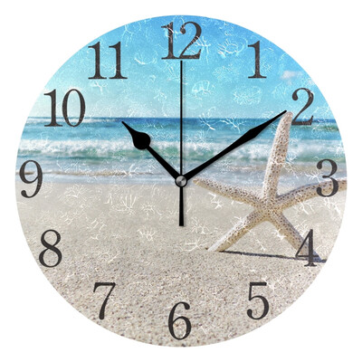 

Wall Clock Arabic Numerals Design Starfish On The Beach Round