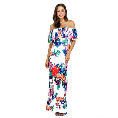 

PREISEI Summer Women White Elegant Sexy Off Shoulder Print Dresses Slash Neck Ruffles Bohemian Long Maxi Dress PR7257
