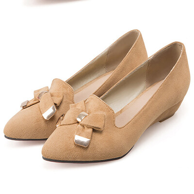 

IIDIFU Womens Comfy Bowknot Pointed Toe OL Work Shoes Low Wedge Heel Slip on Pumps