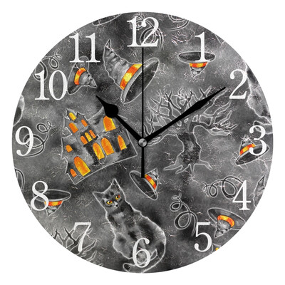 

Wall Clock Arabic Numerals Design Halloween Cat Round