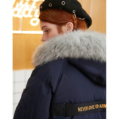

PASS big fur collar down jacket female long section 2018 new simple dark blue warm coat jacket loose tide 68409PA12032 dark blue L
