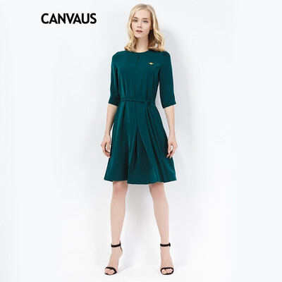 

CANVAUS 2018 Summer New Women Dress Slim Solid Casual Elegant Plus Size Sashes Embroidery O-neck Long Sleeve A-line Dress