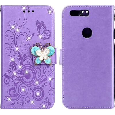 

MOONCASE Huawei Glory 8 Butterfly Rhinestone Embossed Leather Case - Purple
