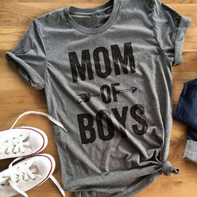 

Women Summer Mom Of Boys Jumper Letters Arrow Printed O Neck Tee T-Shirt Top