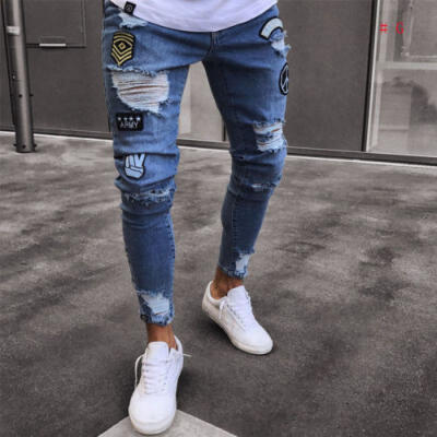 

UK Sell Men Skinny Jeans Rip Slim Stretch Denim Distress Frayed Biker Jeans Pant