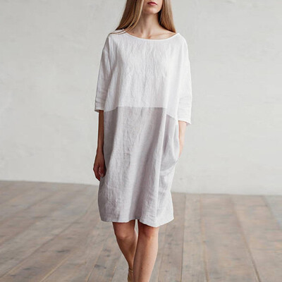 

New Arrival Spring Summer Autumn Cotton Linen Women Dress Three Quarter Sleeve Round Neck Loose Mini Dress with Pocket 5 Colors