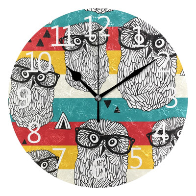 

Wall Clock Arabic Numerals Design Dancing Owls On Disco Party Round