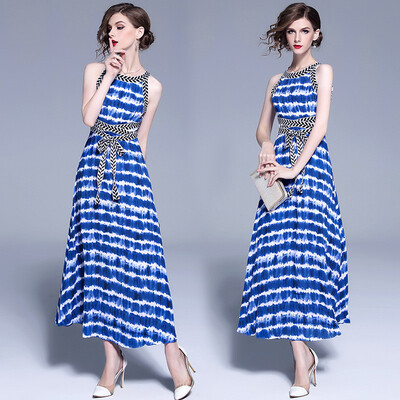 

DFYOP Summer new style straps ink print large swing ribbon slim Dress