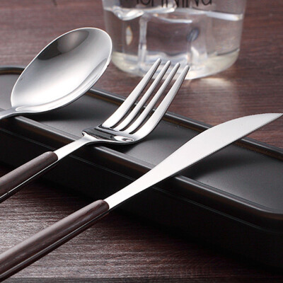 

Wood Grain Stainless Steel Western Food Tableware Portable Steak Cut&Fork Set 3pcs Dinnerware Kit