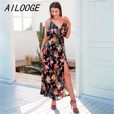 

V neck ruffle floral print summer dress women Backless strap boho dress long Sleeveless split maxi beach dress vestidos