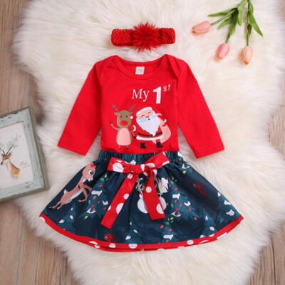 

Newborn Baby Girl Xmas Clothes Outfits My First Christmas Romper Skirts 3PCS Set