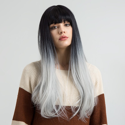 

BLONDE UNICORN 18 Inch Long Straight Synthetic Women Hair Wig with Bangs Two Tones Black Root Ombre Grey Female Cosplay Wig