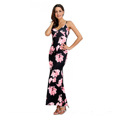 

PREISEI Summer Women Boho Sexy Floral Print Party Dress Plus Size V-Neck Spaghetti Strap Long Maxi Dresses Vestido PR2749