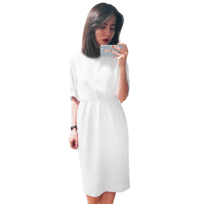 

Trendy Round Collar Short Sleeve Back Button Zipper Slit Hollow Out Elastic Waist Mid-calf Women Dress