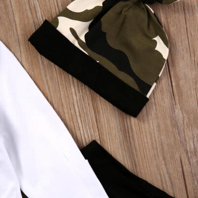 

US STOCK Camo Newborn Kids Baby Boys Top Romper Harem Pants Hat 3Pcs Outfits Set