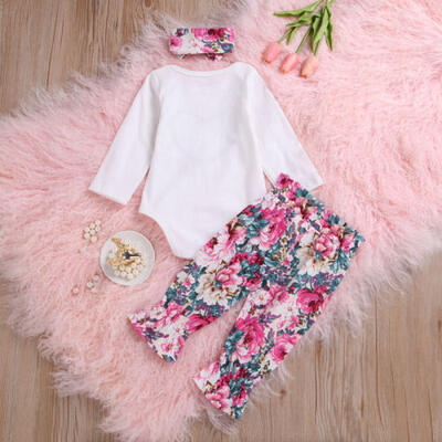 

3PCS Newborn Baby Girls Tops Romper Floral Pants Headband Outfits Set Clothes UK
