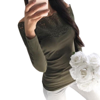 

US Women Long Sleeve Shirt Hollow out Flowers Lace Chiffon Blouse Tee Tops