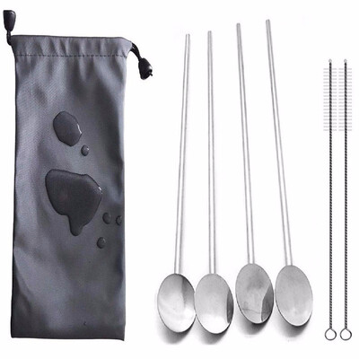 

Outdoor 4 Spoon Straws Stirrer Stainless Steel 4 Pack 2 Cleaning Brush 1 Gift Bag Drinking Straws