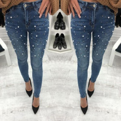 

US Women Denim Skinny Ripped Pants High Waist Stretch Jeans Long Pencil Trousers