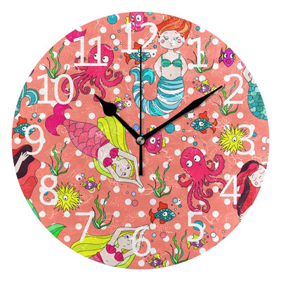 

Wall Clock Arabic Numerals Design Mermaid And Fish Round