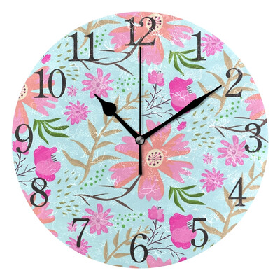 

Wall Clock Arabic Numerals Design Pink Flowers Round