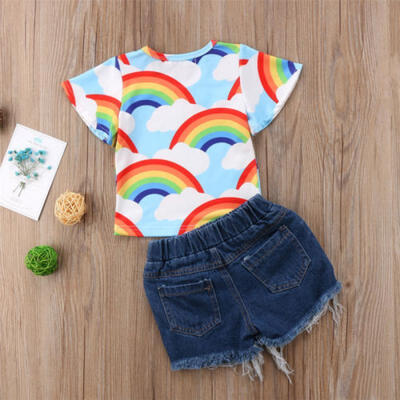 

Cute Kids Baby Girls Rainbow Tops T-shirt Denim Pants Jeans Outfits Clothes Set
