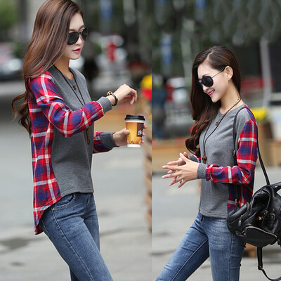 

Women Checked Long Sleeve Casual Loose Tee Shirt Tops Blouse Round Neck