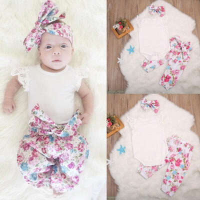 

3PCS Set Newborn Baby Girl Lace Tops RomperFloral Pants Headband Outfit Clothes