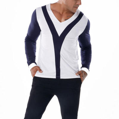 

Fashion Mens Slim Fit Y Patchwork Long Sleeve Muscle Tee T-shirt Casual Blouse
