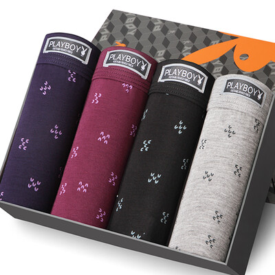 

Playboy PLAYBOY 5265 Men&39s underwear Men&39s flat pants in the waist four pants elastic stretch shorts 4 gift box multi-color XXXL