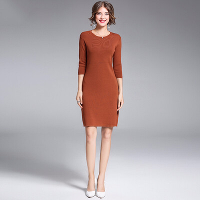 

Women Dress Female Skirt Seven-point Sleeves Round Neck A-line Knit Bottom Skirt