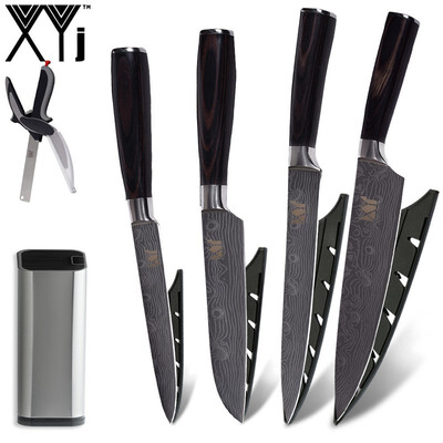 

XYj Kitchen Knives 5" 5" 8" 8" inch Damascus Veins Blade Stainless Steel Knife And Kitchen Scissor 8 inch Knife Holder