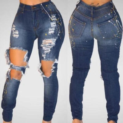 

Womens Denim Pants Ripped Destroyed Slim Skinny Boyfriend Casual Jeans Trousers