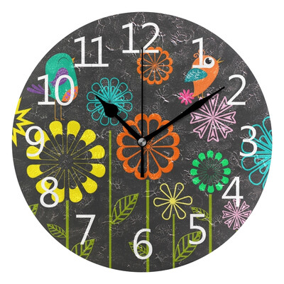 

Wall Clock Arabic Numerals Design Cute Birds And Flowers Round