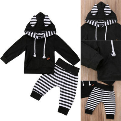 

UK Stock Newborn Baby Boy Girl Striped Hooded Tops Pants 2Pcs Outfit Set Clothes