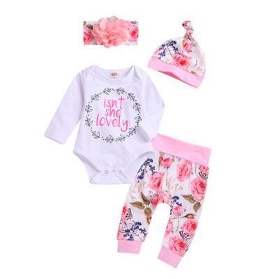 

Kids Baby Girl Long Sleeve Romper Tops Bow PantsHat 4Pcs Outfits Playsuit