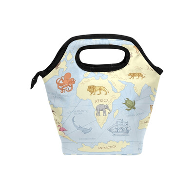

Insulated Lunch Tote Bag Animals Map Travel Picnic Lunch Handbags Portable Zipper Lunch Bag Box
