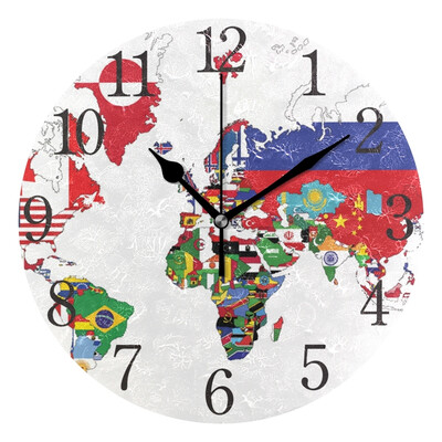 

Wall Clock World Map With Country Flags Round Wall Clock Arabic Numerals Design