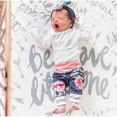 

3Pcs Newborn Infant Baby Boys Girls Tops Romper Pants Hat Outfits Set Clothes UK