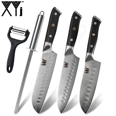 

XYj 5pcs Damascus Steel Knives Set Sharp VG10 Balde Sharpener Bar Peeler Chef Santoku Knives