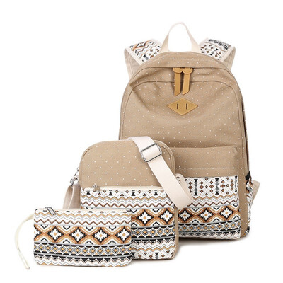 

New fashion women pack ethnic wind school bag canvas double shoulder bag multi-functional children mother bag three-piece set